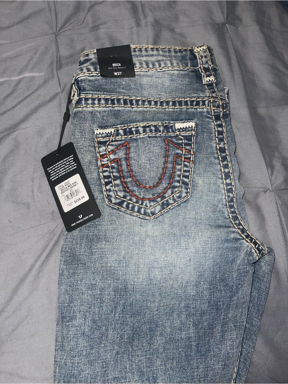 True Religion Slim Straight Jeans - Light Blue Wash with Rust Stitching - Picture 1 of 1